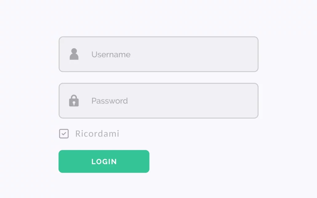 Schermata di login con campi per inserire nome utente e password, e opzione 'Ricordami'.