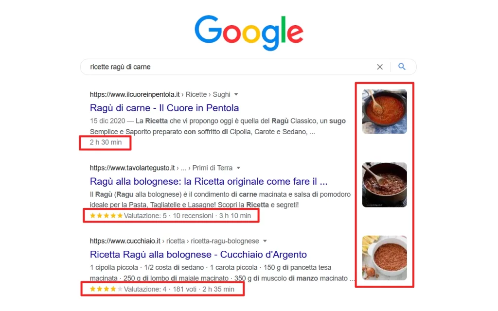 Schermata dei risultati di ricerca di Google che mostra i Rich Snippet per ricette di ragù di carne, con evidenza sul tempo di preparazione e le valutazioni degli utenti.