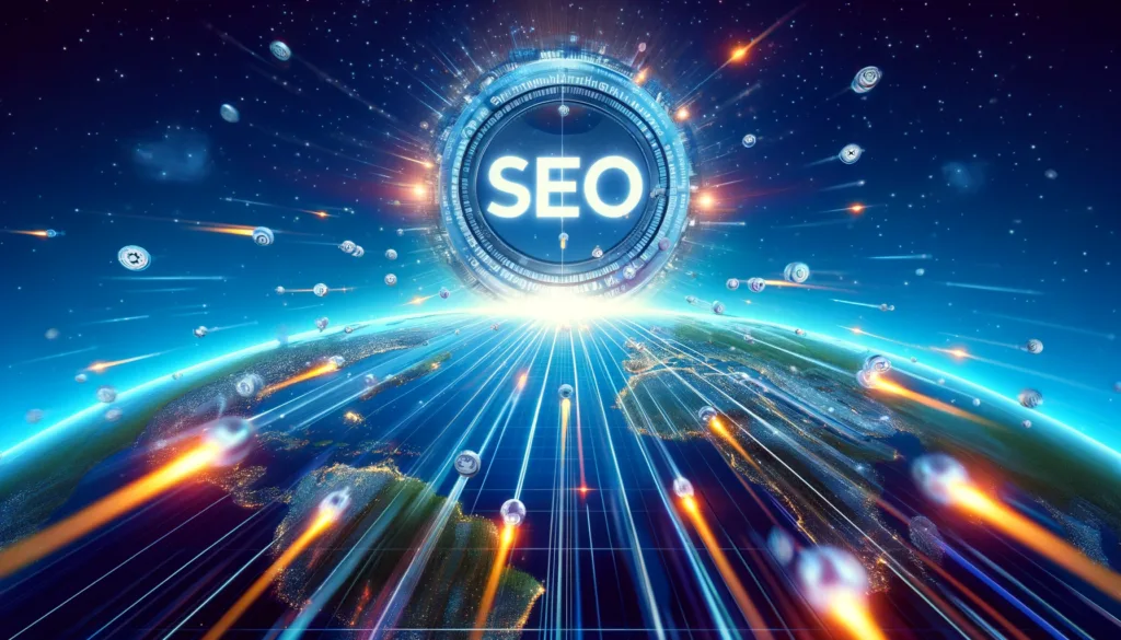 Infografica che illustra l'ottimizzazione SEO delle immagini con un mondo digitale, immagini in volo e un grafico in aumento.