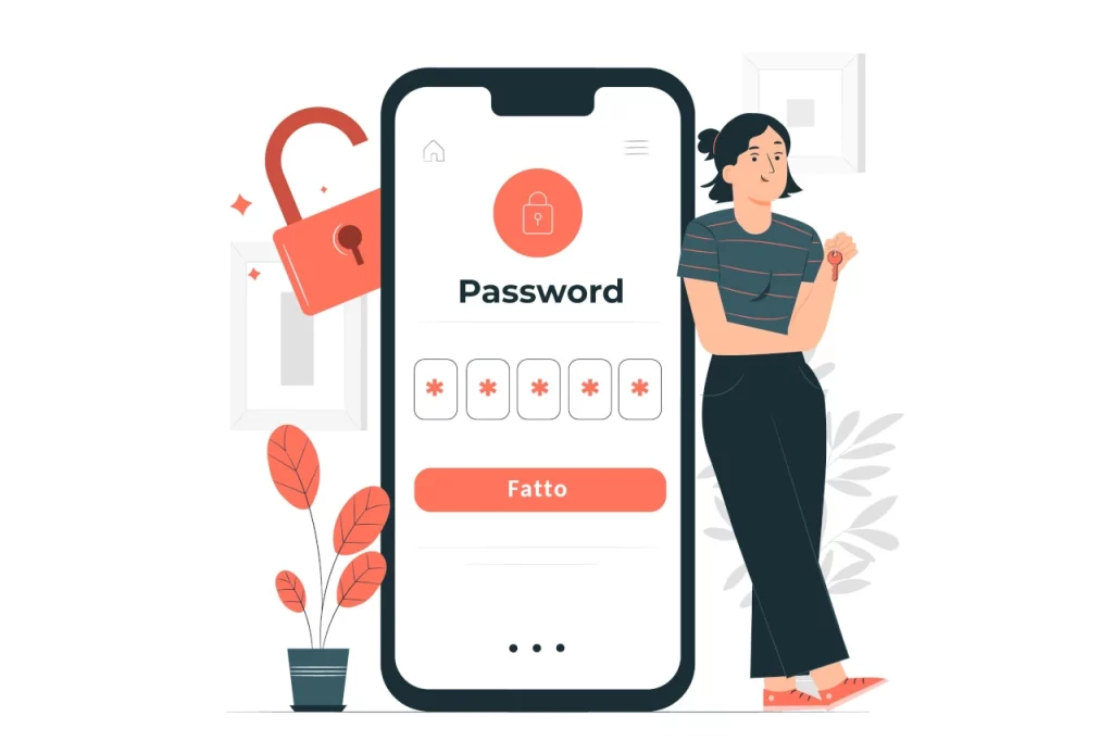 Donna accanto a uno smartphone che mostra una schermata di autenticazione con password e un lucchetto aperto.