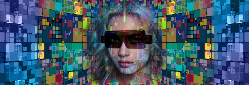 Rappresentazione artistica di una donna con occhiali digitali circondata da una griglia di blocchi colorati, simboleggiando la complessità e la bellezza della programmazione web.