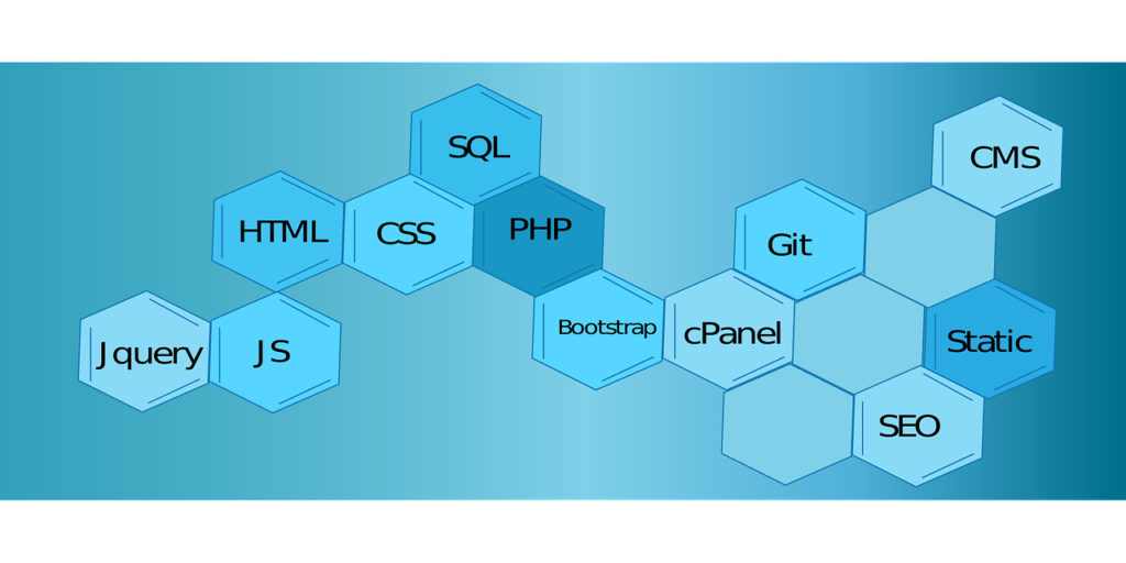 Infografica che rappresenta i principali linguaggi e strumenti di programmazione front-end e back-end come HTML, CSS, JavaScript, PHP, insieme a tecnologie correlate come Bootstrap, Git, cPanel e SEO.