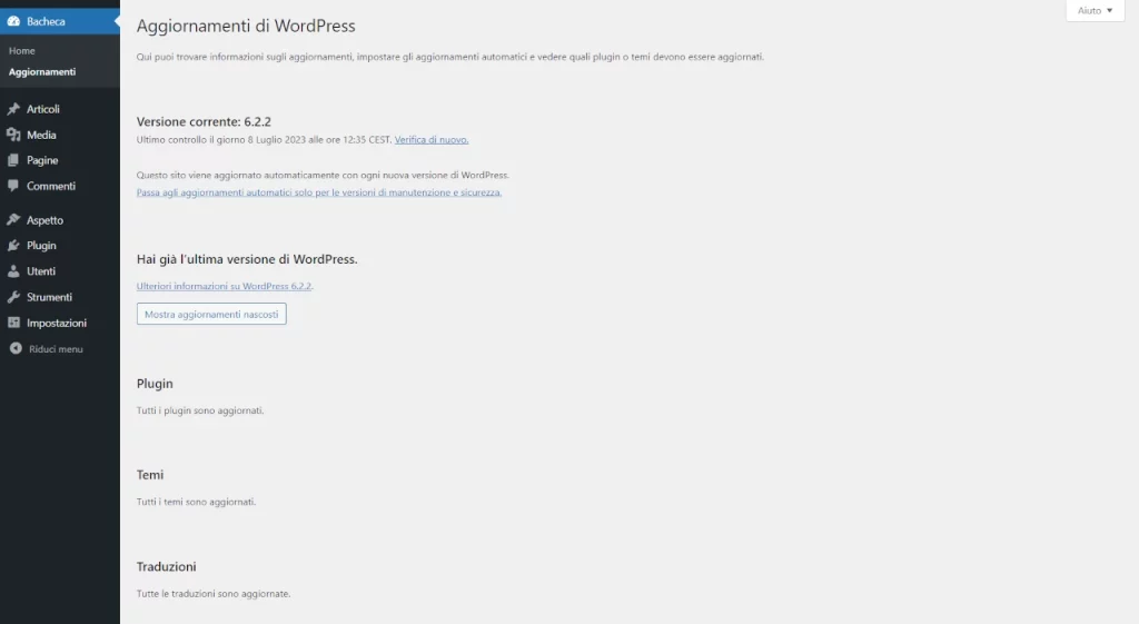 Screenshot della schermata aggiornamenti dell'admin WordPress.