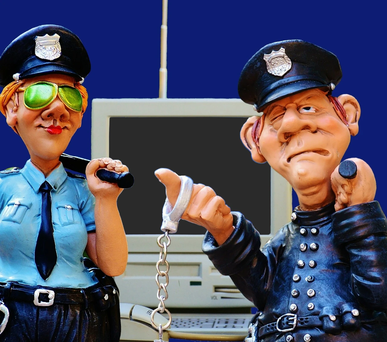 Due poliziotti cartoon di fronte a un computer con manette e manganello