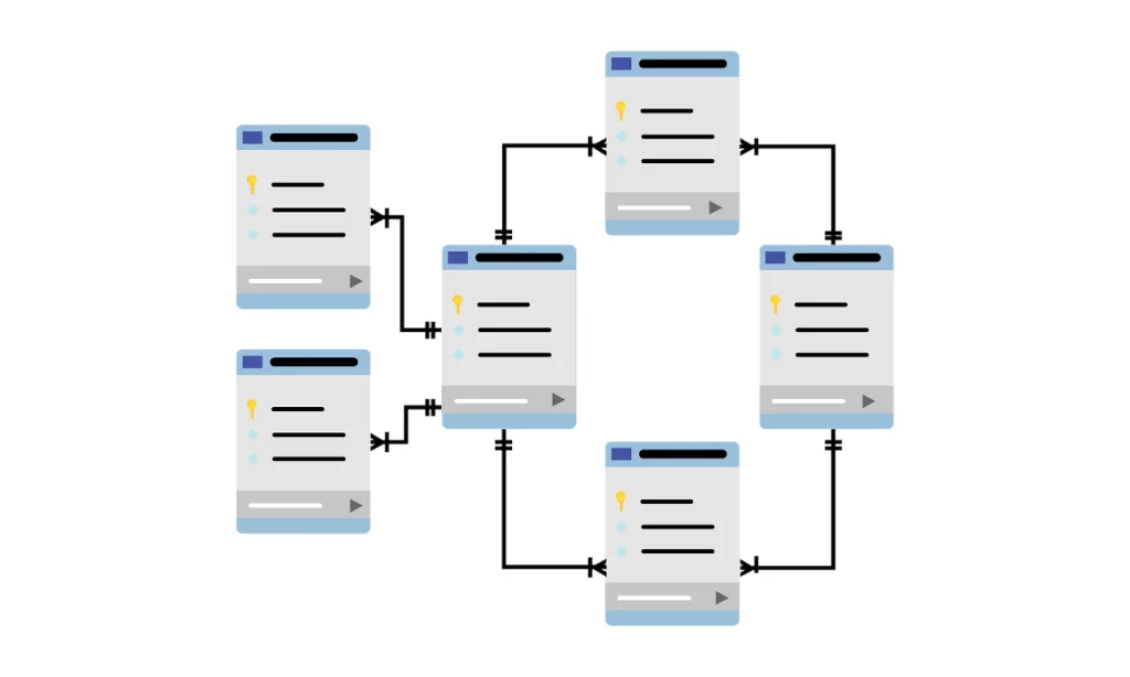 Icone rappresentanti tabelle di database collegate tra loro, simboleggiano lo schema di un database.