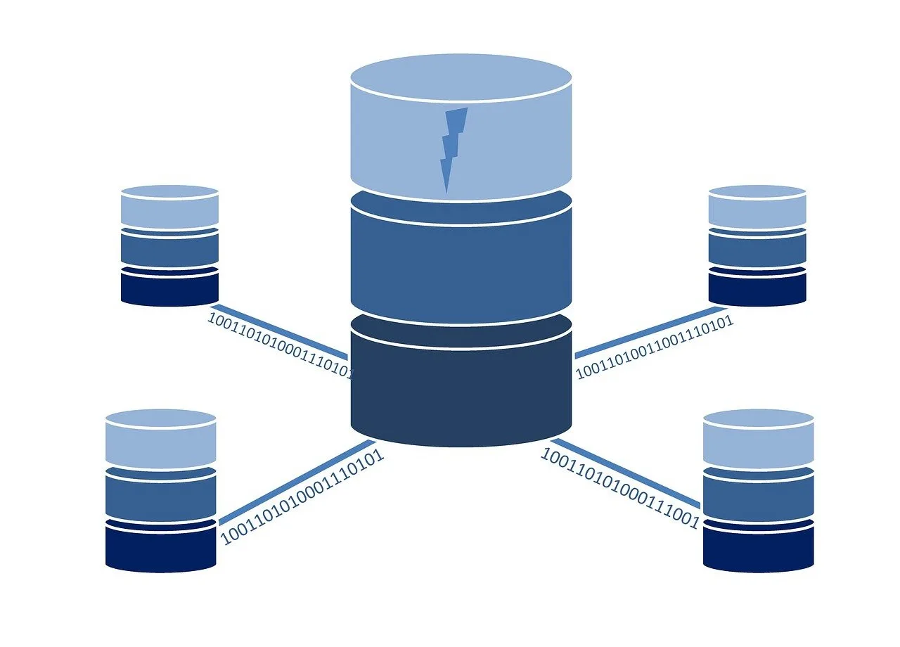 Database rappresentati da cilindri sovrapposti che si collegano con altri database tramite una linea di dati binari.