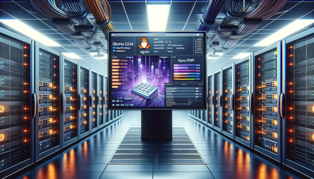 Sala server moderna con rack di server e cavi di rete, con in primo piano uno schermo che mostra il logo di Ubuntu 22.04 e l'interfaccia di configurazione Nginx-RTMP.