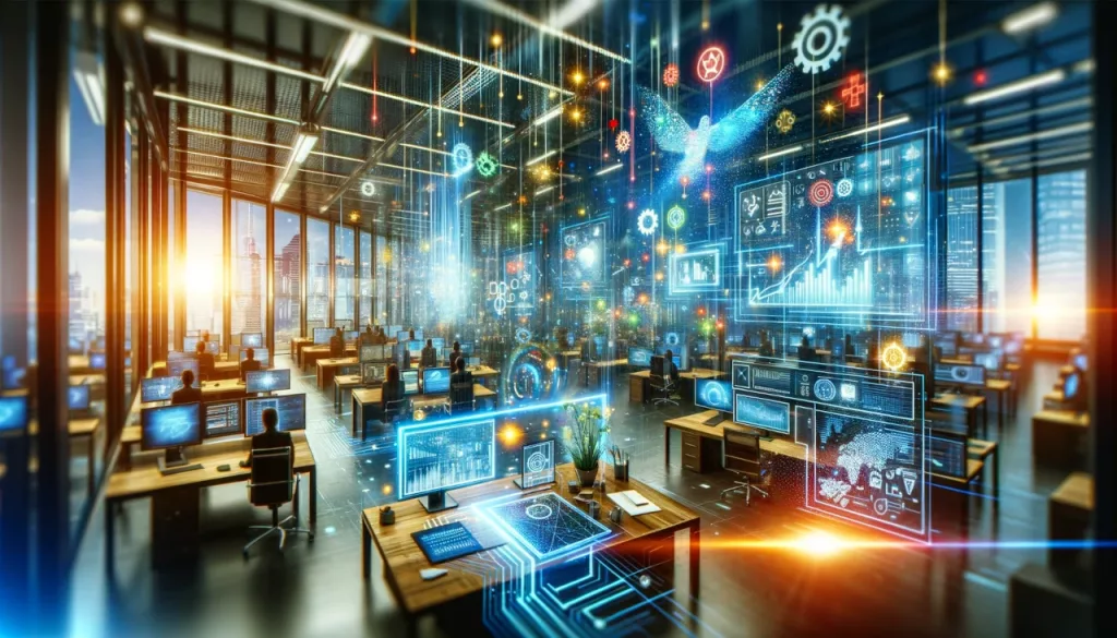 Scena futuristica di un ufficio che mostra la trasformazione digitale nel business, con tecnologie avanzate come intelligenza artificiale e analisi dei big data.