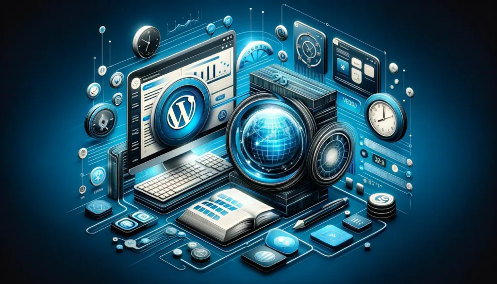 Immagine di copertina per articolo su plugin personalizzato WordPress, con interfaccia utente stilizzata e simboli di gestione contenuti periodici.