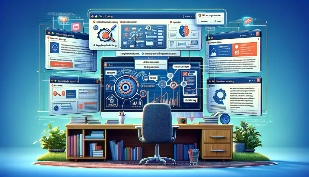 Processo di ottimizzazione SEO e pubblicazione di contenuti su diverse piattaforme online visualizzato su uno schermo di computer.