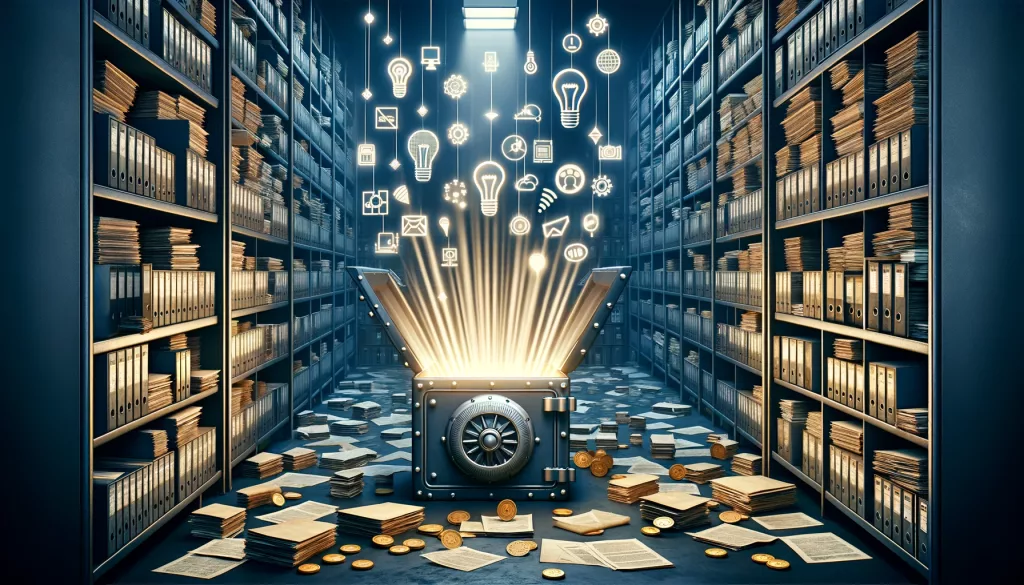 Un forziere che emana luce e idee all'interno di un magazzino buio pieno di archivi, simboleggiando il potenziale espresso dopo la trasformazione digitale degli archivi.