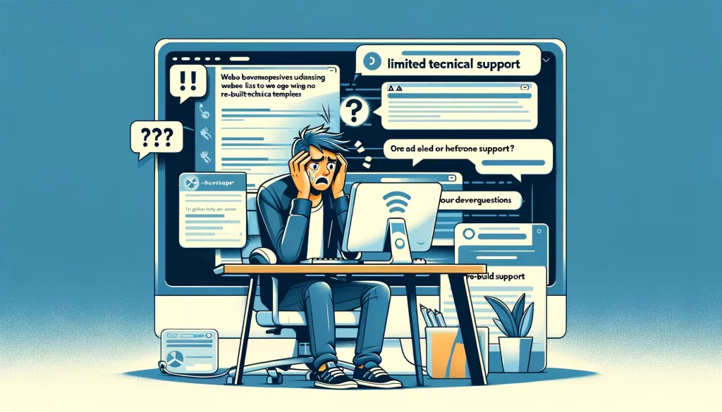 Illustrazione di un individuo frustrato di fronte a uno schermo di computer mostrante messaggi di errore e un forum di aiuto con domande senza risposta.