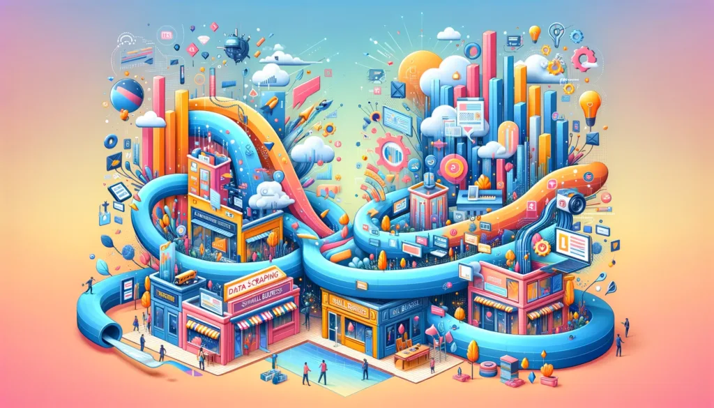 Illustrazione vivace che mostra flussi di dati digitali che confluiscono in un hub di piccole imprese, simbolizzando il data scraping come vantaggio competitivo