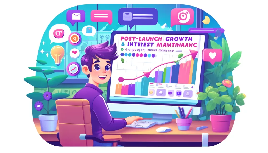 Un marketer digitale allegro utilizza un dashboard colorato e giocoso per monitorare la crescita.