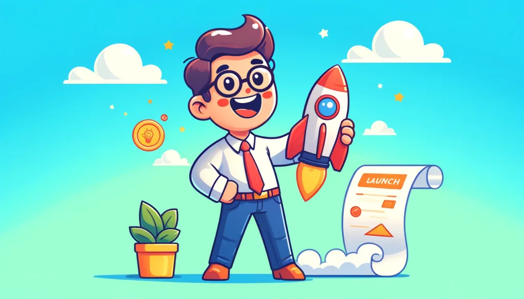 Un imprenditore allegro tiene un modello di razzo e una piantina, simboleggiando il lancio di una nuova impresa.