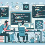 Un programmatore web al lavoro, circondato da codice e elementi di design UI/UX.