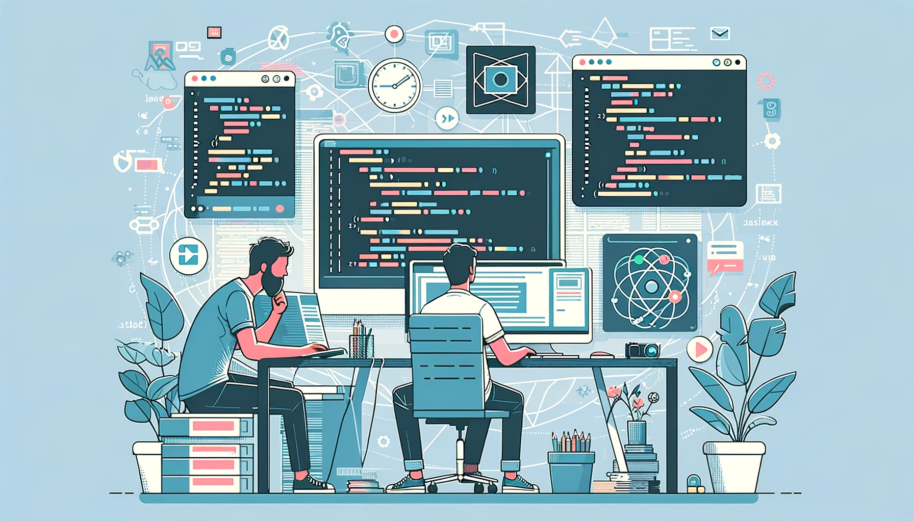 Un programmatore web al lavoro, circondato da codice e elementi di design UI/UX.