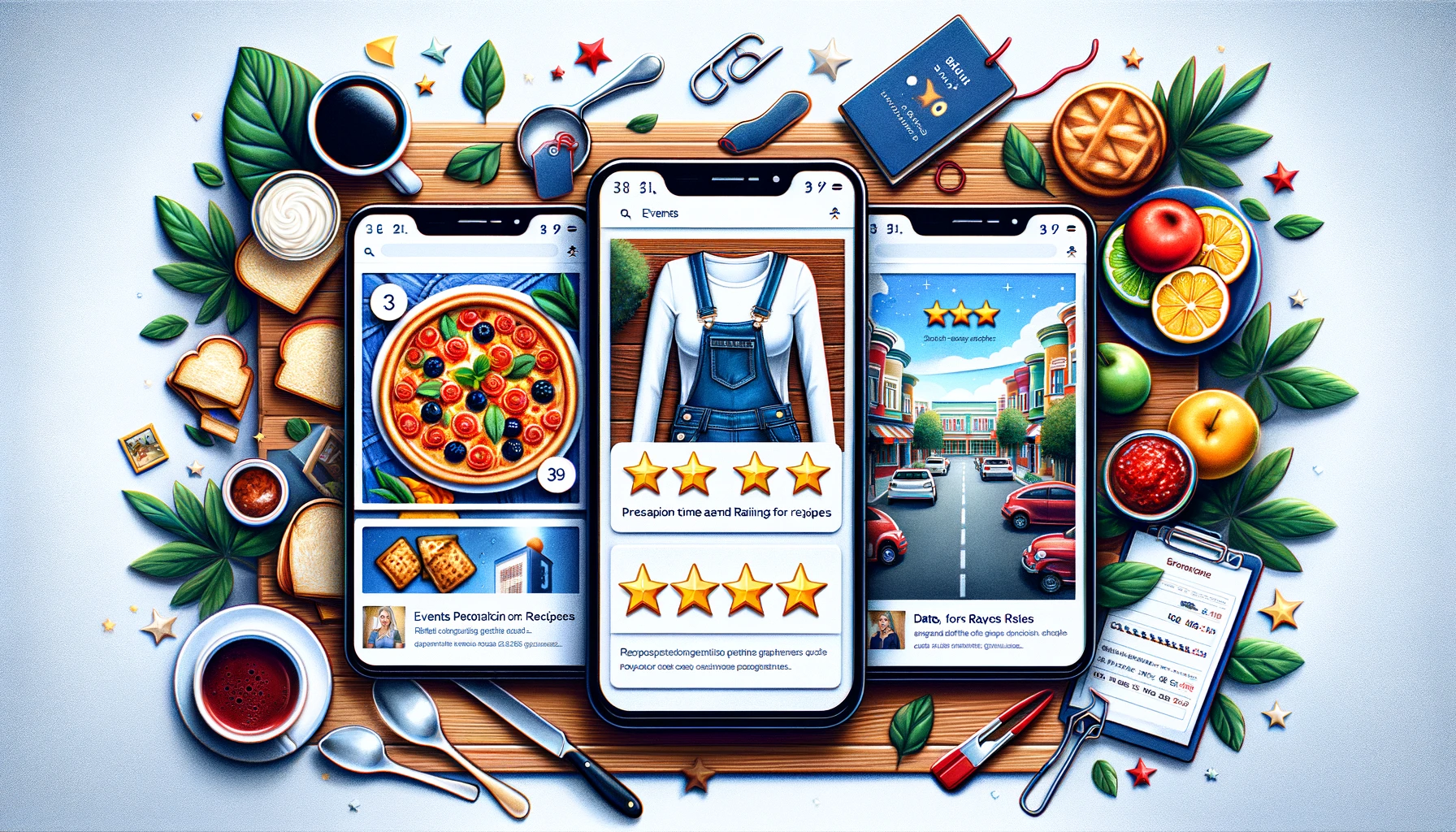 Illustrazione colorata che mostra tre schermi di smartphone con diversi Rich Snippet: una pagina di e-commerce di abbigliamento, una ricetta di cucina e la pagina di un evento.
