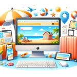 Computer con pagina web di casa vacanza circondato da elementi di vacanza.