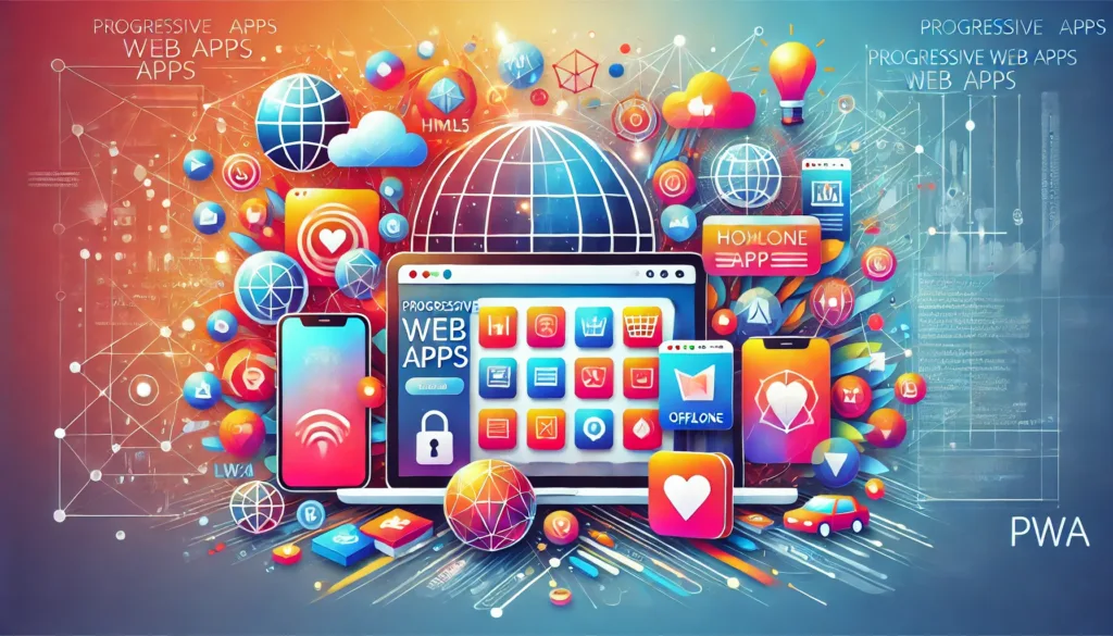 Illustrazione delle Progressive Web Apps che uniscono tecnologie web e funzionalità mobile.