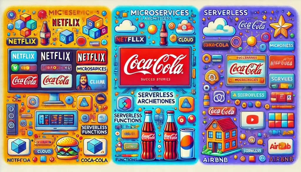 Illustrazione cartoon di tre successi per microservizi e architettura serverless: Netflix, Coca-Cola e Airbnb.