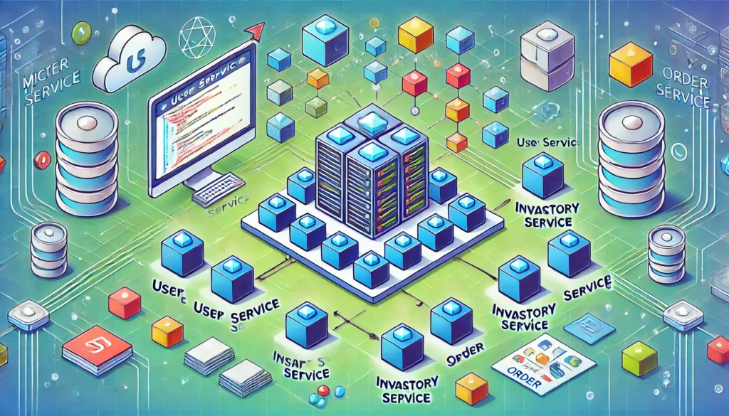 Illustrazione cartoon di un'architettura a microservizi con moduli indipendenti connessi tramite API.