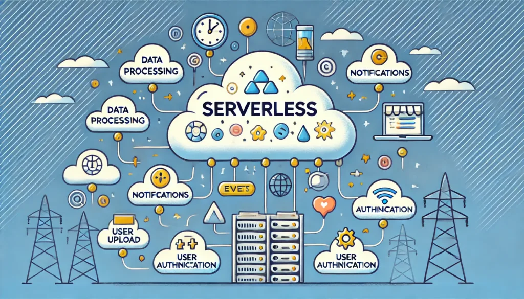 Illustrazione cartoon di un'architettura serverless con funzioni che emergono da una nuvola, senza server visibili.