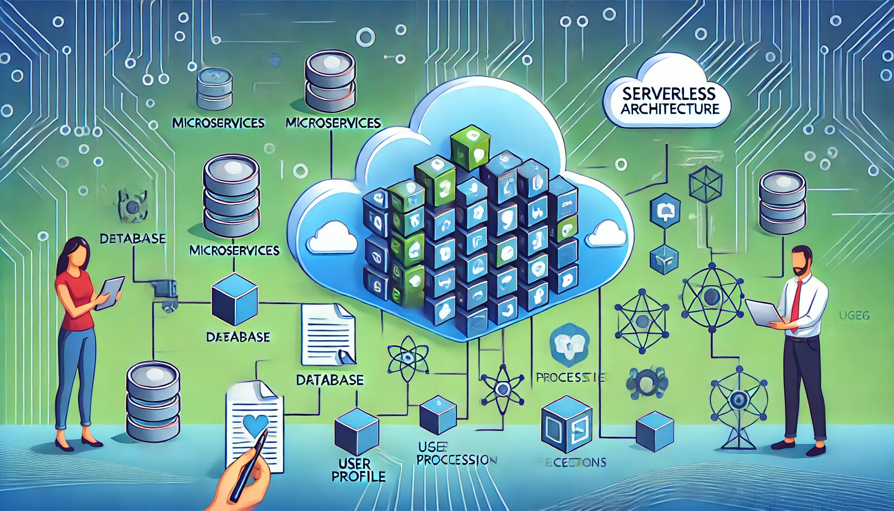 Illustrazione cartoon di microservizi e architettura serverless con cubi interconnessi e funzioni serverless nel cloud