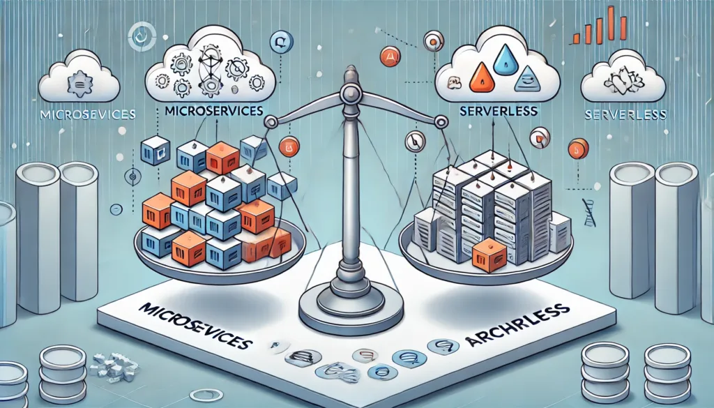 Illustrazione cartoon che confronta l'architettura a microservizi e l'architettura serverless.