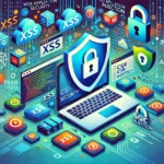 Illustrazione cartoon per la home page sulla sicurezza delle applicazioni web con scudo, lucchetto luminoso e simboli XSS, CSRF, SQL Injection.