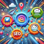 Illustrazione di una strategia digitale con social media, email marketing e SEO interconnessi.