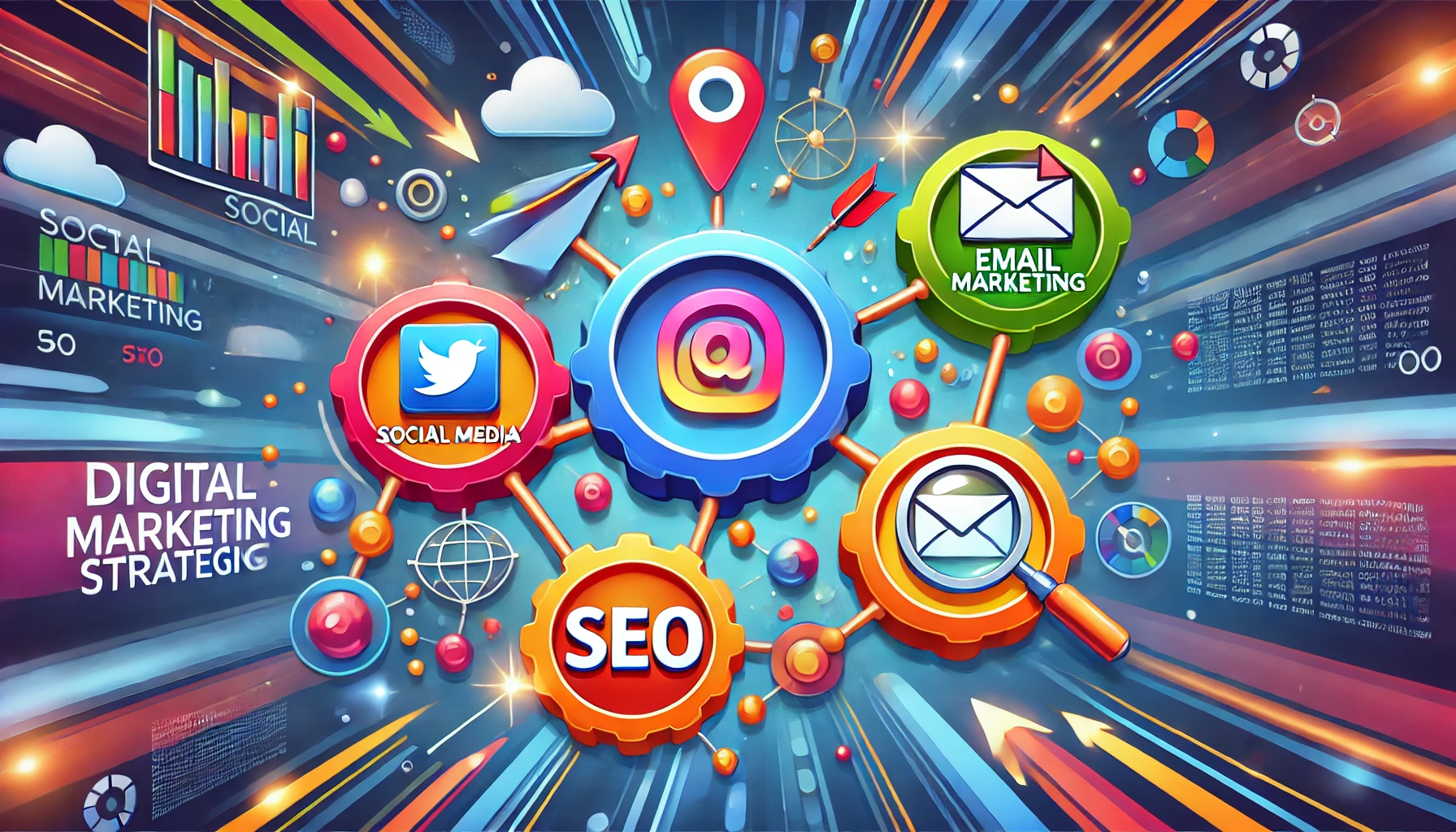 Illustrazione di una strategia digitale con social media, email marketing e SEO interconnessi.