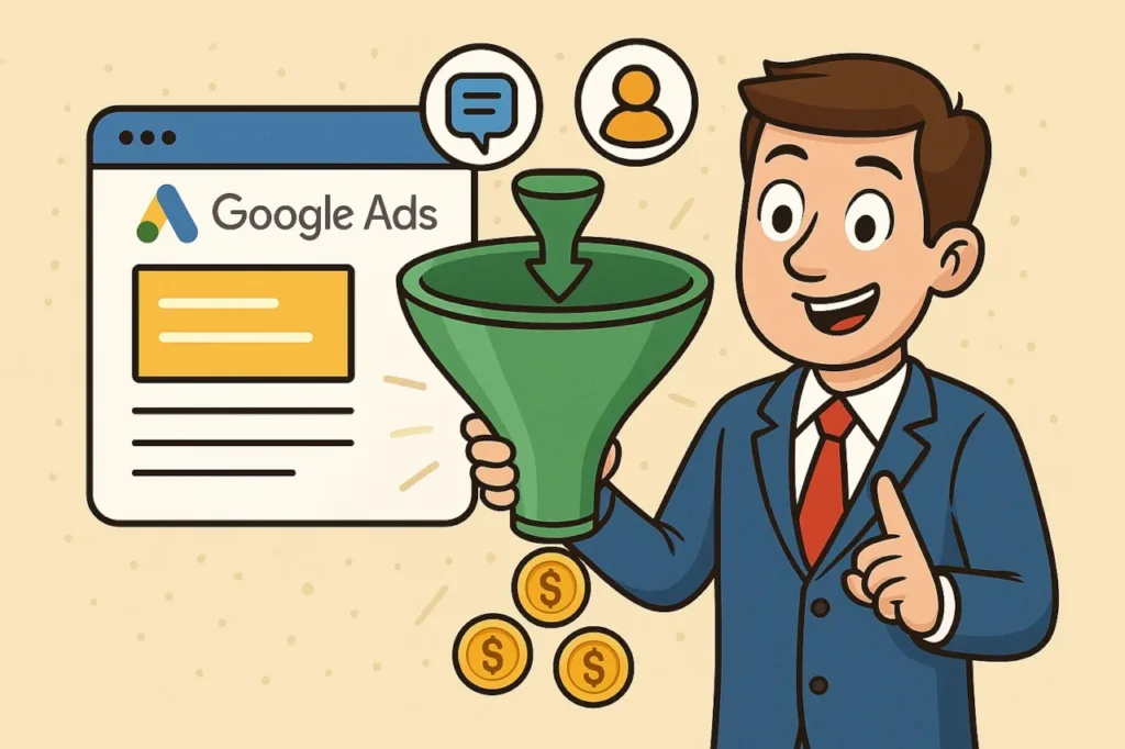Cartoon di un professionista che ottimizza Google Ads con un grande imbuto da cui escono monete