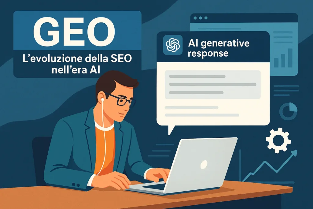 SEO specialist lavora su laptop con risposta AI generativa e titolo GEO