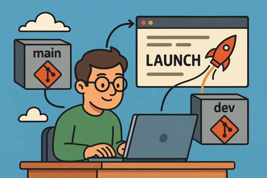 Sviluppatore con laptop automatizza deploy Git da repository main e dev